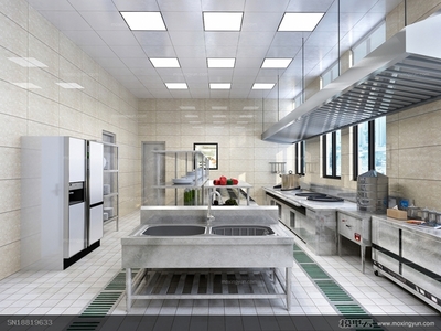 現(xiàn)代酒店后廚3D模型效果圖賞析 冰箱、洗手臺、油煙機(jī)與爐灶的完美設(shè)計